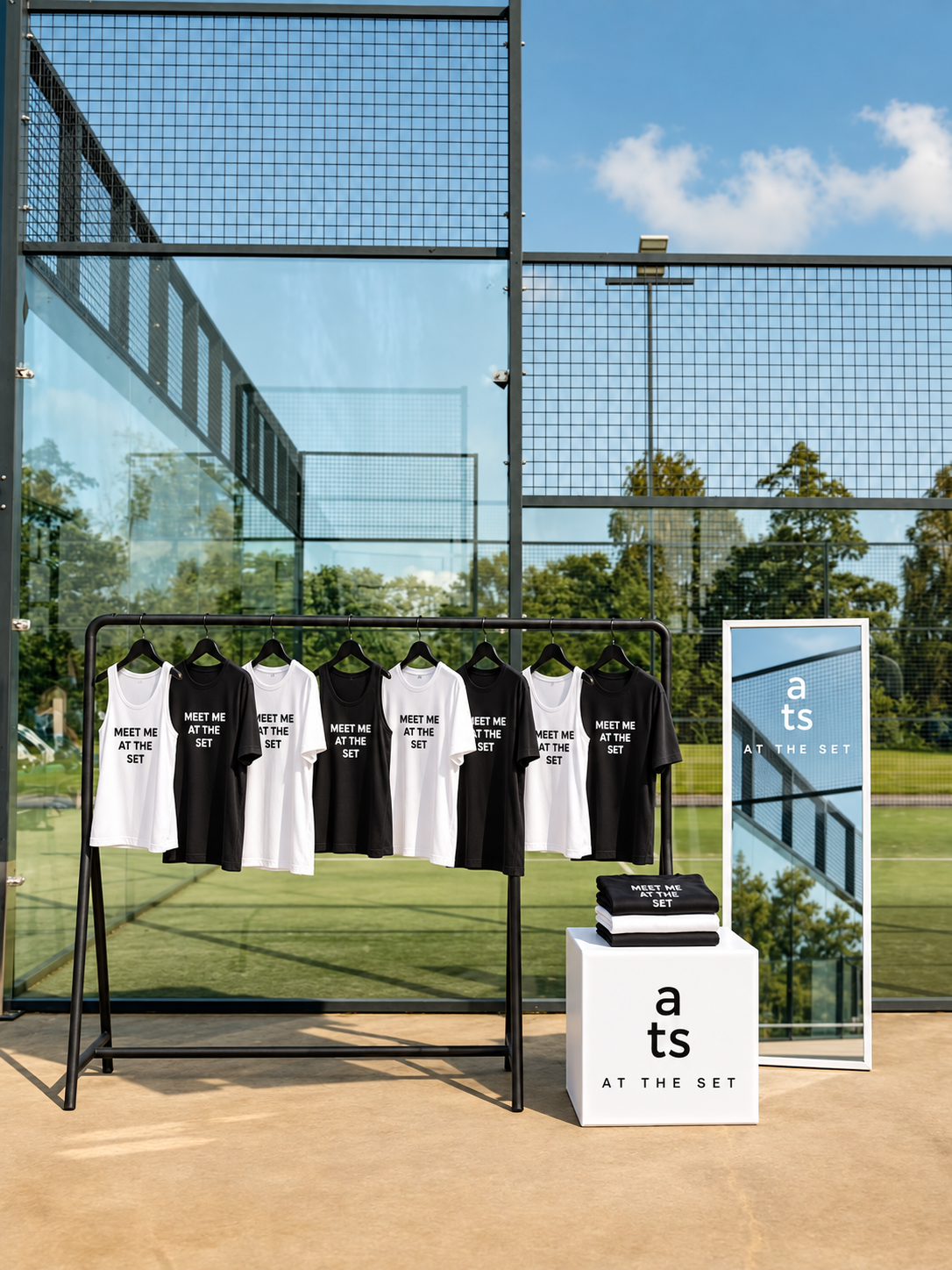 AT THE SET merch rack with MEET ME AT THE SET tees at a padel court